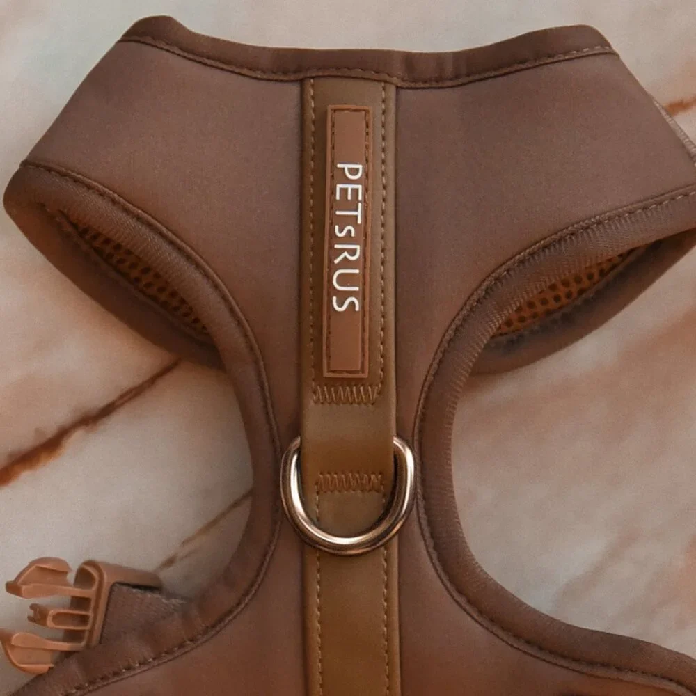 PETsRUS Premium No Pull Dog Harness 2 Leash Clip Bronze Leather Brown Neoprene